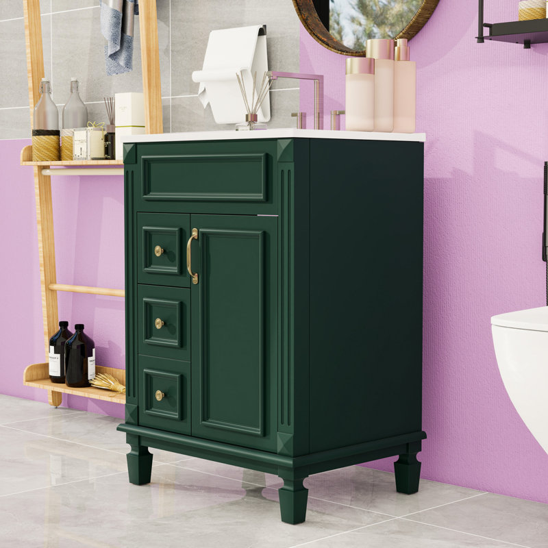 Meuble-lavabo avec 2 tiroirs et tablette réglable, Vert