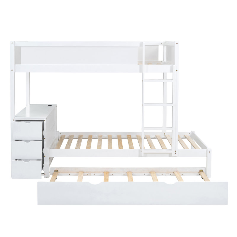Lit superposé simple au-dessus de simple avec lit gigogne simple, rangement et bureau, Simple sur simple, Blanc