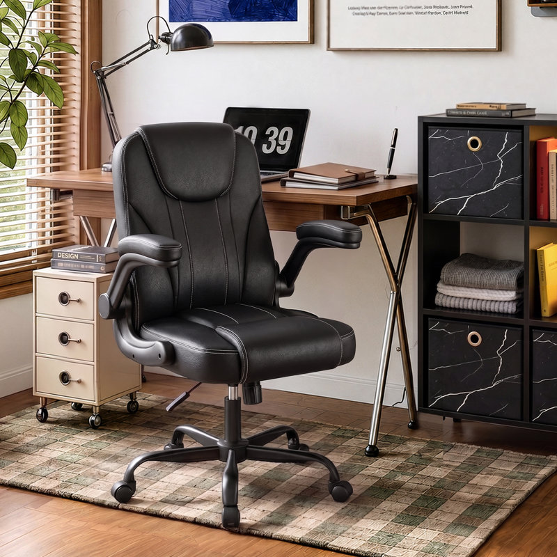 Ergonomic Executive Leather Office Chair, Tilt Adjustment Swivel Desk Chair With Flip-Up Arms And Water-Resistant Upholstery