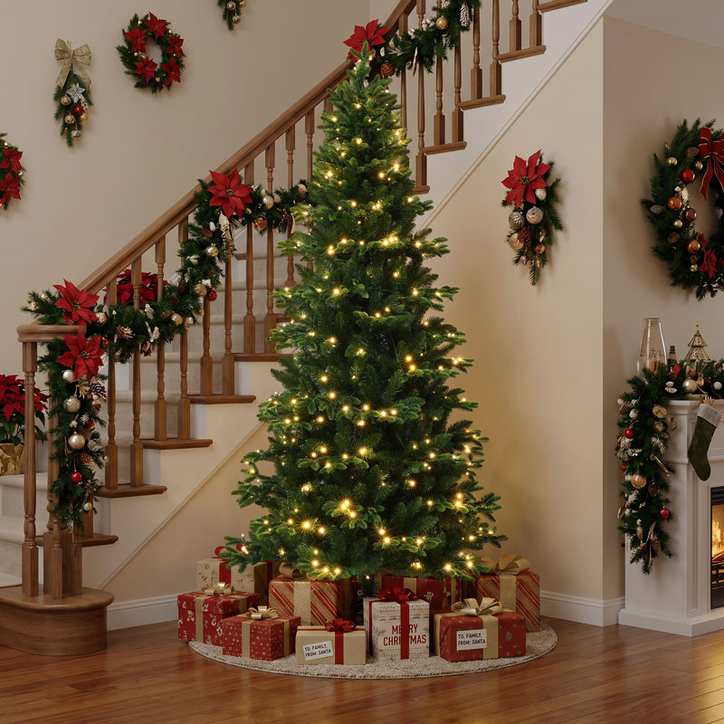Sapin de Noël artificiel réaliste de 2,13 m (7 pieds) avec 350 lumières DEL blanc chaud et support en métal