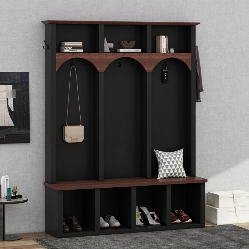 Farmhouse Wooden Hall Tree with Arched Design, 4-in-1 Entryway Storage Bench with 5 Hooks & 7 Cubbies, Rustic Mudroom Shoe Cabinet