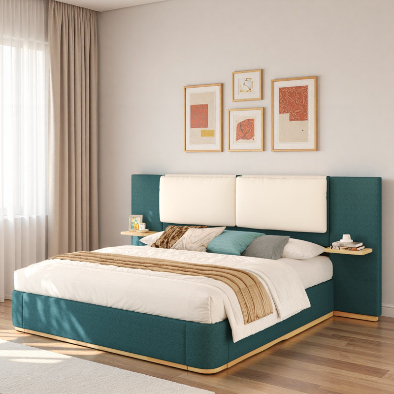 Lit plateforme tapissier avec tablettes, Vert/blanc, Grand lit