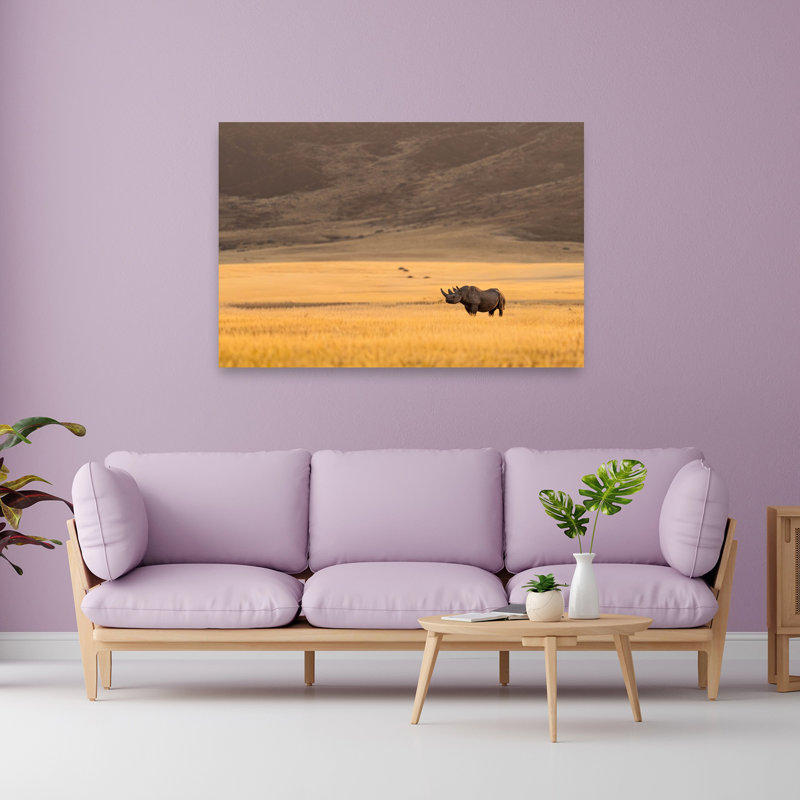 Golden Hour, rhinocéros noir, paysage contemporain abstrait, art mural, 40" H x 60" W