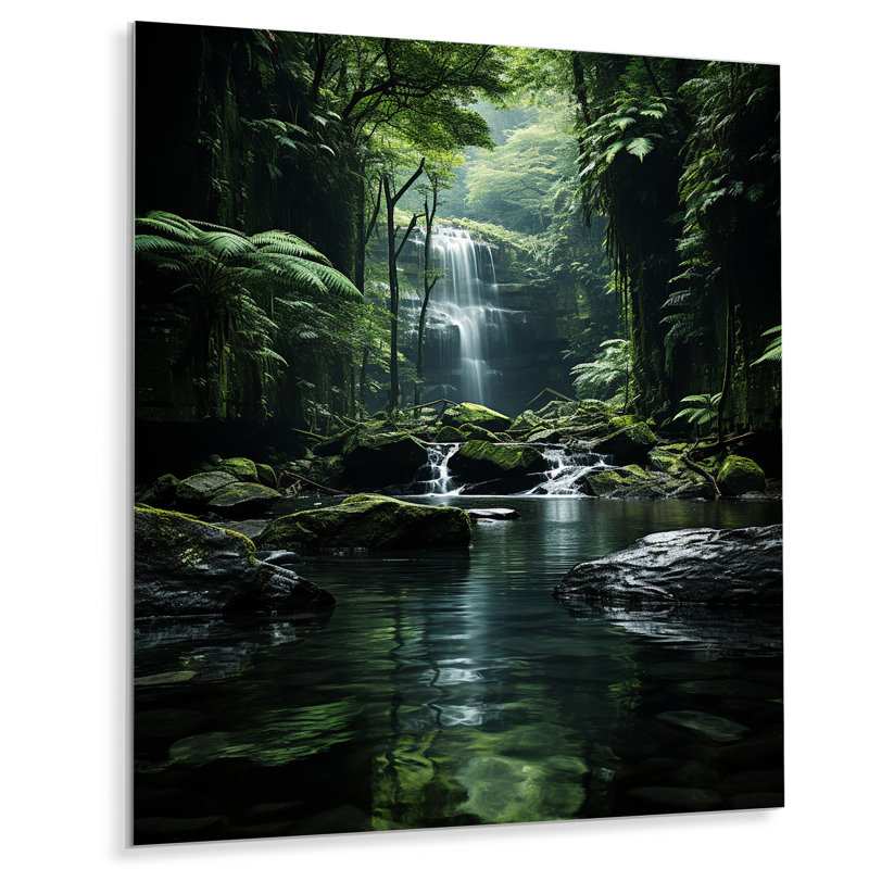 Cascade cachée, forêt d'oasis II - paysages, impressions sur art mural en métal, H 32 po x l 16 po