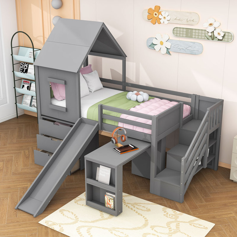 Twin Wooden House-Style Loft Bed with Built-in Slide, Stairs, and Storage, White