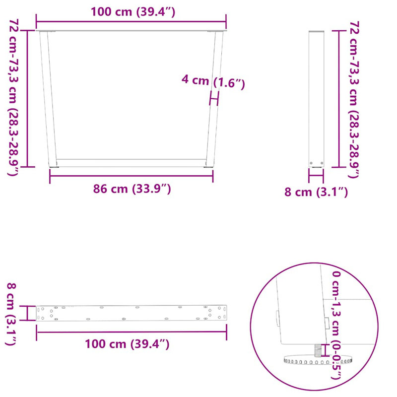 Table Leg, 73.3cm H x 100cm W, Anthracite