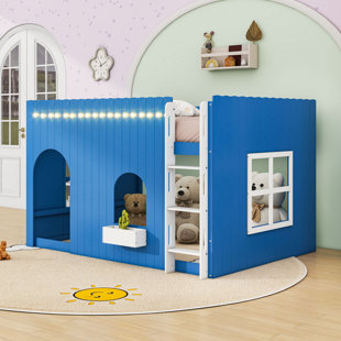 Wooden Loft Bed with Light Strip and Slats