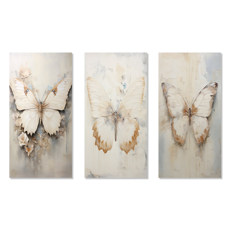 3 pièces sur toile - Minimalisme papillon beige, Toile tendue, H 40 po x l 60 po