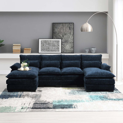 Canapé modulaire modulaire en forme de U de 110 * 55 po avec coussins de taille, mobilier d'intérieur symétrique rembourré à 6 sièges, ensemble de canapé en chenille confortable avec méridienne pour le salon, appartement