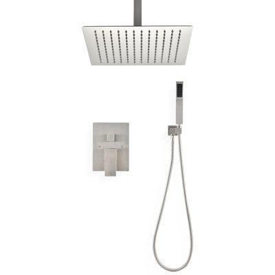 Douche de plafond - Tête de 16 po et à main, nickel brossé, laiton, simulation de pluie naturelle, buse autonettoyante, conforme à l'expérience du système de tuyaux American Standard, conforme