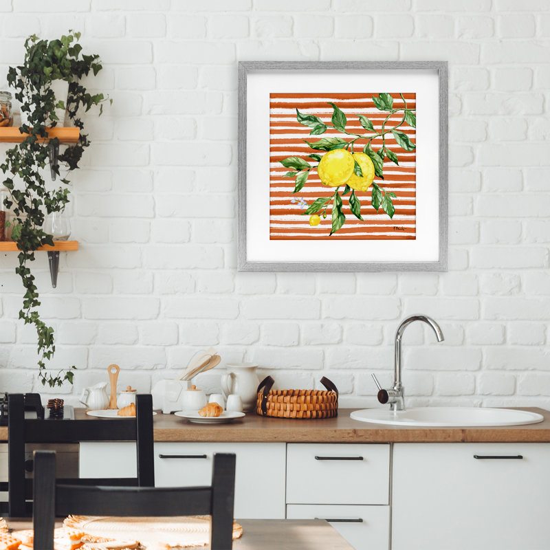 Vigne citron juteuse sur reproduction encadrée rouge sous verre, design par Paul Brent, H 16 po x l 16 po