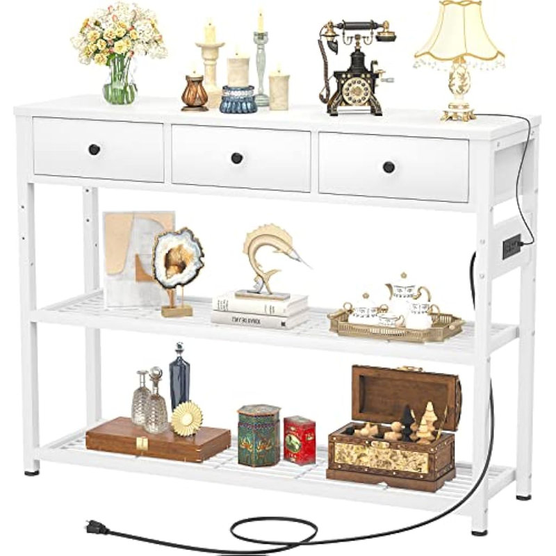 White 47'' Console Table with Storage Shelves and USB Ports