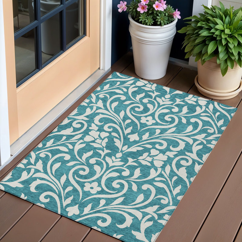 3' X 5' Teal Blue And Ivory Floral Washable Indoor Outdoor Area Rug