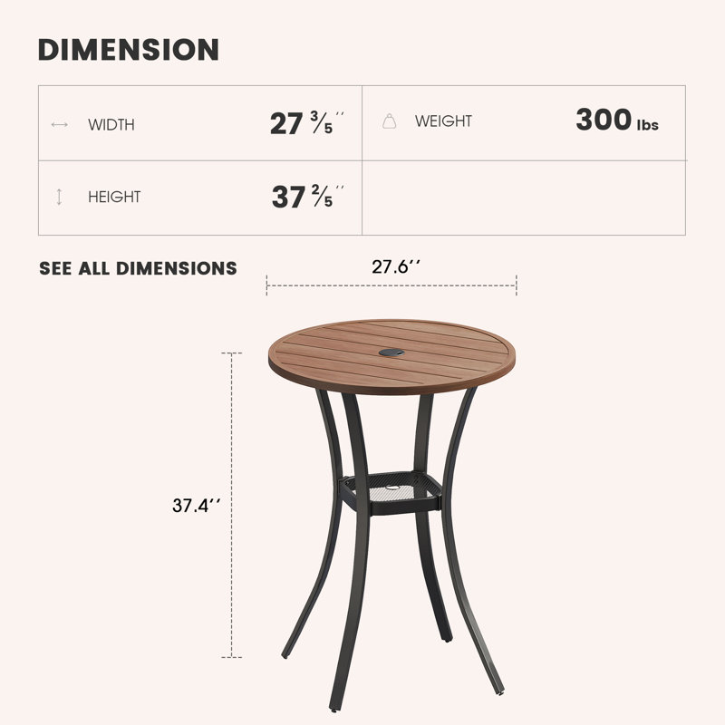 Raniesha Round Metal Outdoor Bar Table With Umbrella Hole , 27.6'' in. W 27.6'' in. D, Walnut