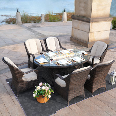 Moda Furnishings Set of 1106 in Brown 7-Piece Brown Aluminum Frame Dining Patio Dining Set with Tan Cushions by Moda Furnishings