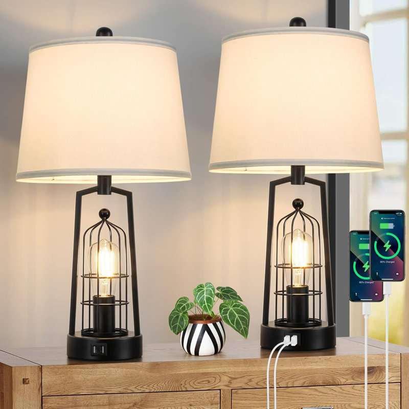 Farmhouse Table Lamps With 2 USB Ports, Set Of 2 Rustic Industrial Desk Lamp For Living Room, 2 Bedside Lamp, White