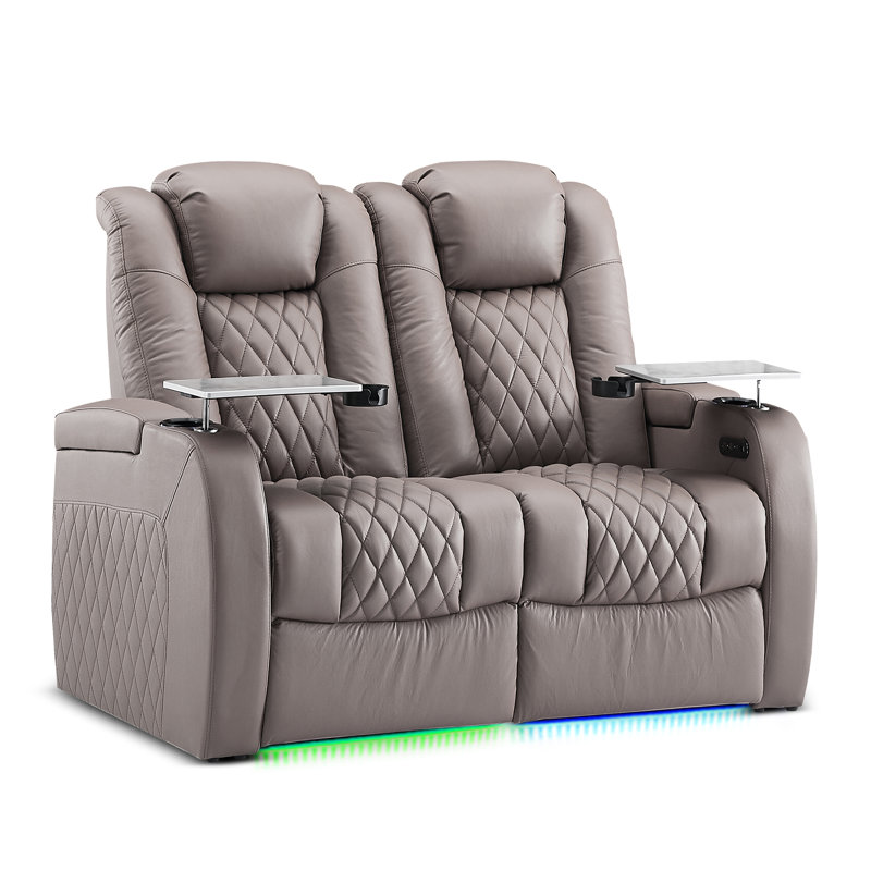 Fauteuil inclinable électrique berçant en cuir véritable avec éclairage ambiant à DEL 7 couleurs, appui-tête réglable, charge USB et porte-gobelet pour le cinéma maison