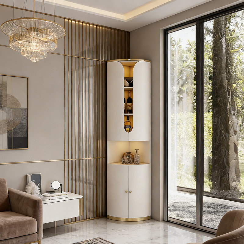 82.68"H Luxury Style Corner Wine Cabinet, Modern Minimalist Triangular Storage Cabinet, Glass Wall Corner Organizer