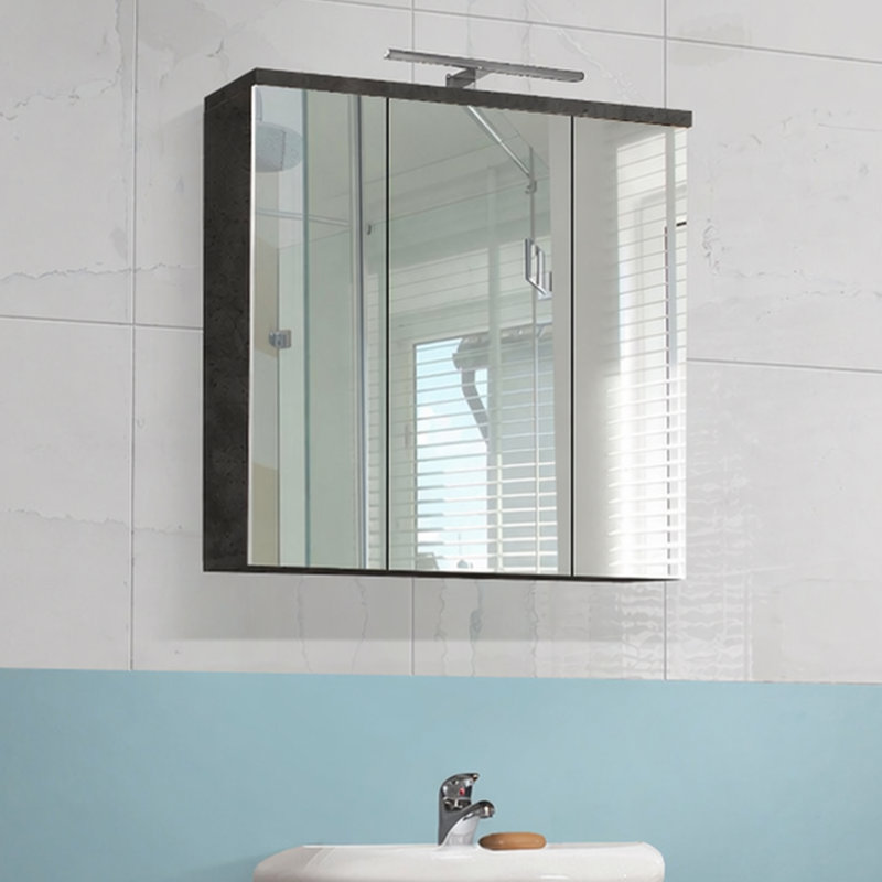 Chaena 3 Door Mirrored Bathroom Cabinet with Integrated LED Lighting, Walnut/Dark Grey