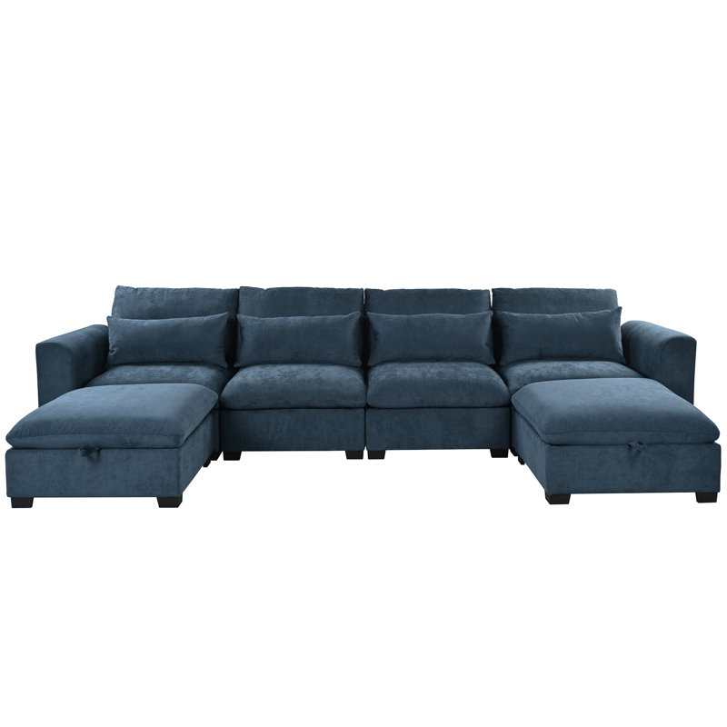 U-Shaped Freely Transformable Modular Corner Sofa With Two Ottomans, Blue Linen Blend