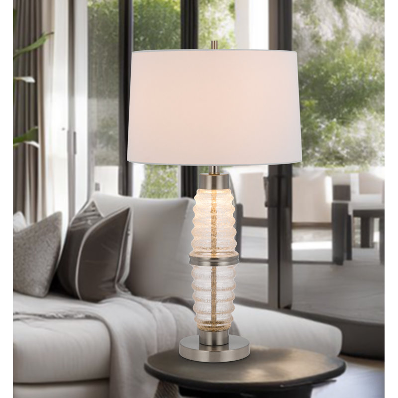 Lampe de table Maci 29 po, verre décoratif craquelé transparent, abat-jour tambour blanc