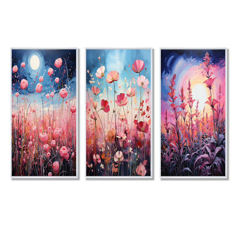 «Neon Pink Herbs By The Moon», ensemble de 4 reproductions d'art mural, Cadre flottant blanc, H 40 po x l 60 po