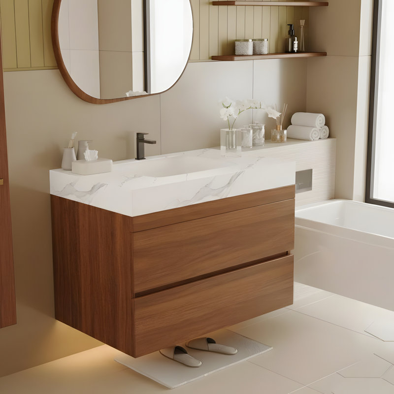 Meuble-lavabo de salle de bain avec comptoir en faux marbre et lavabo encastré en céramique, Blanc