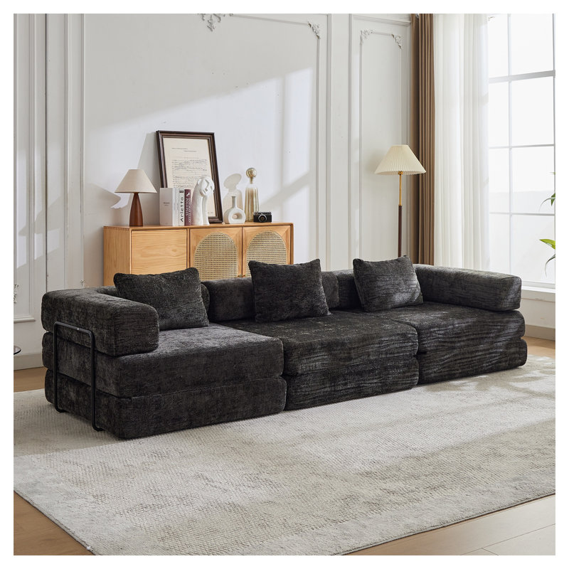 Canapé-lit convertible en chenille noir avec mousse à mémoire de forme, modulaire 3 places pliable