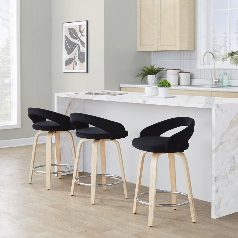 Tabouret de bar pivotant à hauteur fixe en bois naturel et velours noir avec repose-pieds ronds en métal chromé, lot de 2
