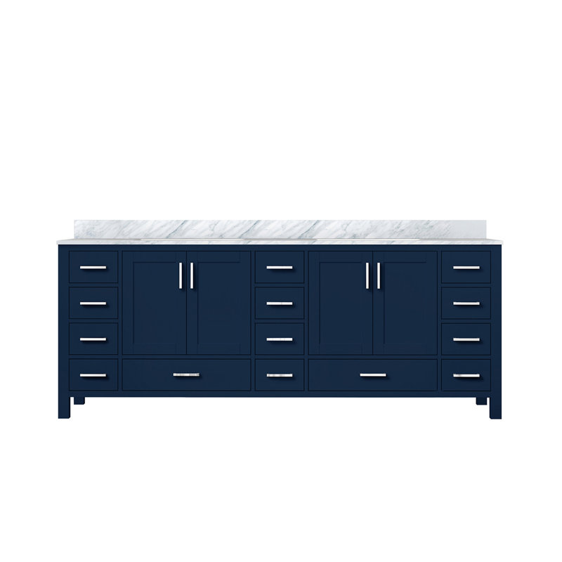 Double Bath Vanity with Carrara Marble Top, Navy Blue