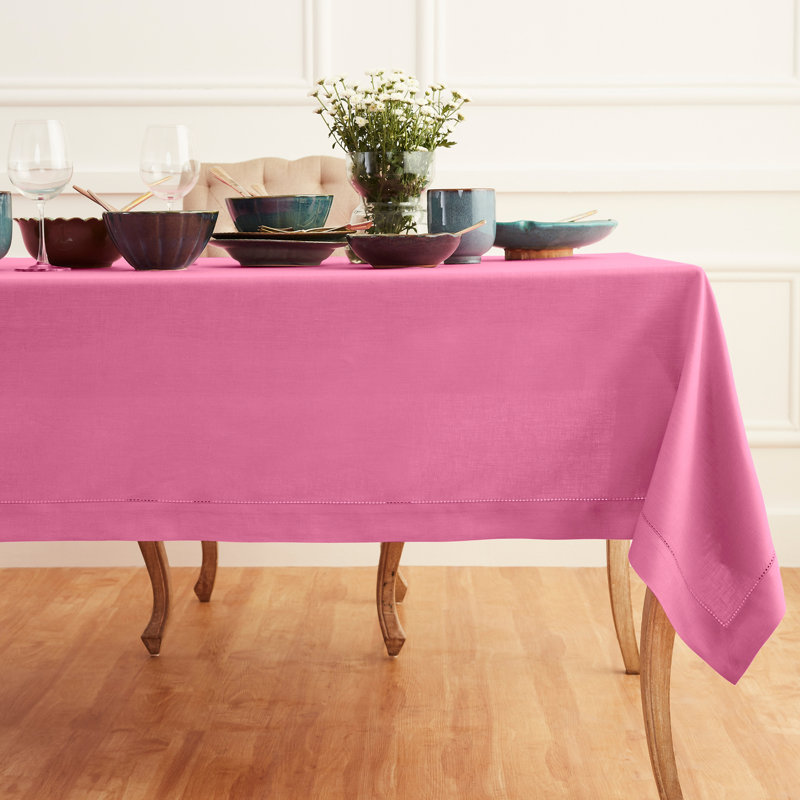 100% Pure Linen Hemstitch Table Cloth - Classic Hemstitch, Flamingo Pink, 90" x 60"