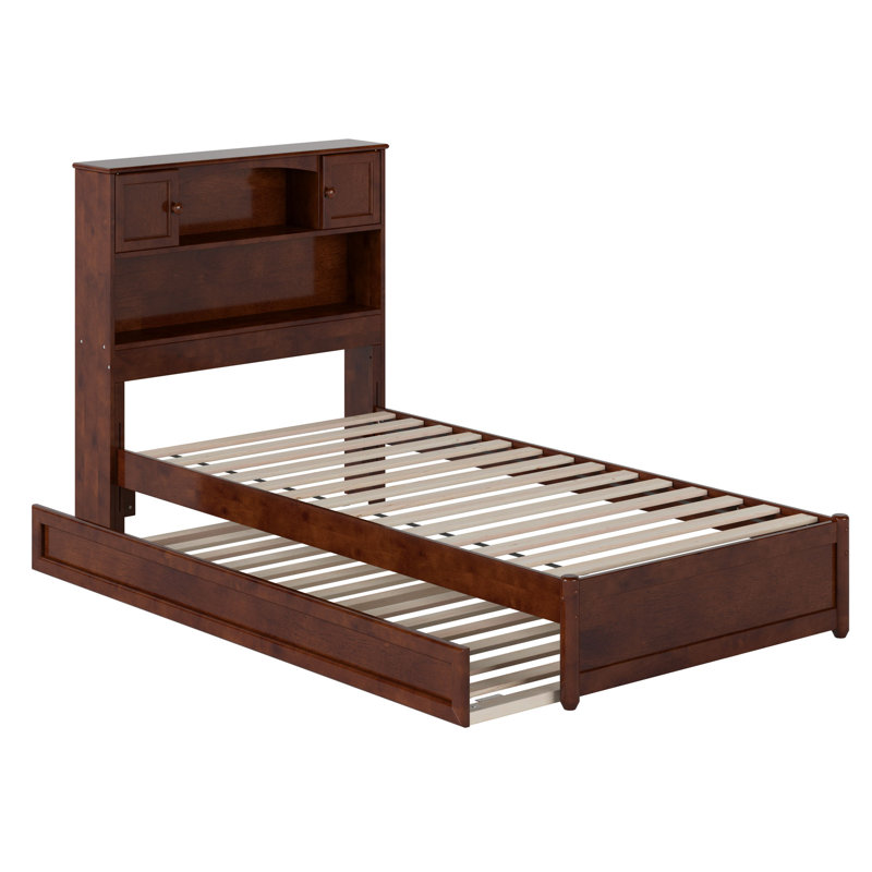 Lit plateforme avec rangement et lit gigogne Ashney, Simple très long, Noyer