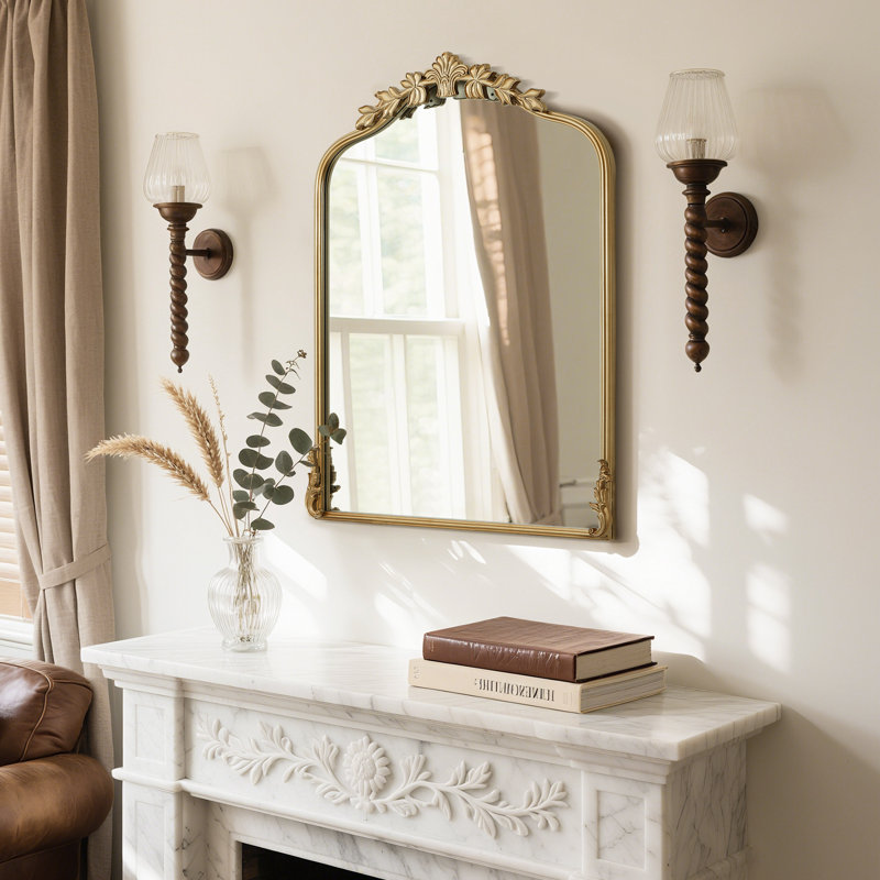 Vintage Metal Wall Mirror – Ornate Antique Vanity Mirror with Iron Frame, Gold, 32” x 24”
