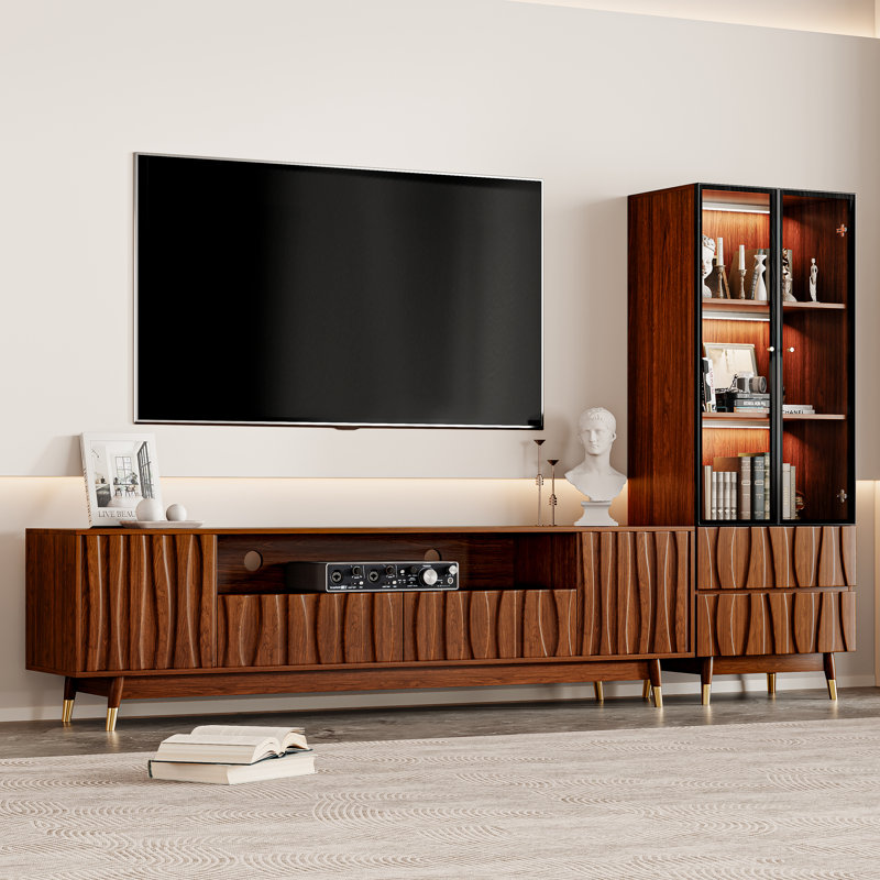 102.3“ Brown Fluted Entertainment Center With Bookshelves For 55/65/70/75 Inch TV, Mid-Century Modern Wood Walnut Finish Splayed Leg TV Console Table And 23.6" Lighted Glass Display Bookcase With Storage For Living Room Bedroom