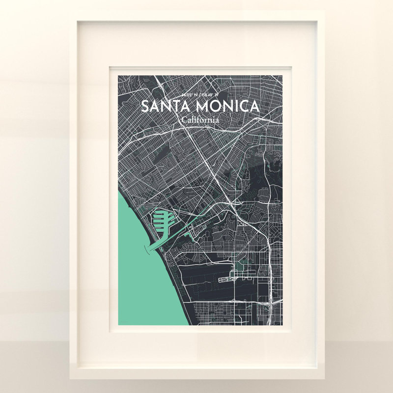 Santa Monica, carte de la ville, impression, Vert/gris, H 27,6 po x l 19,7 po