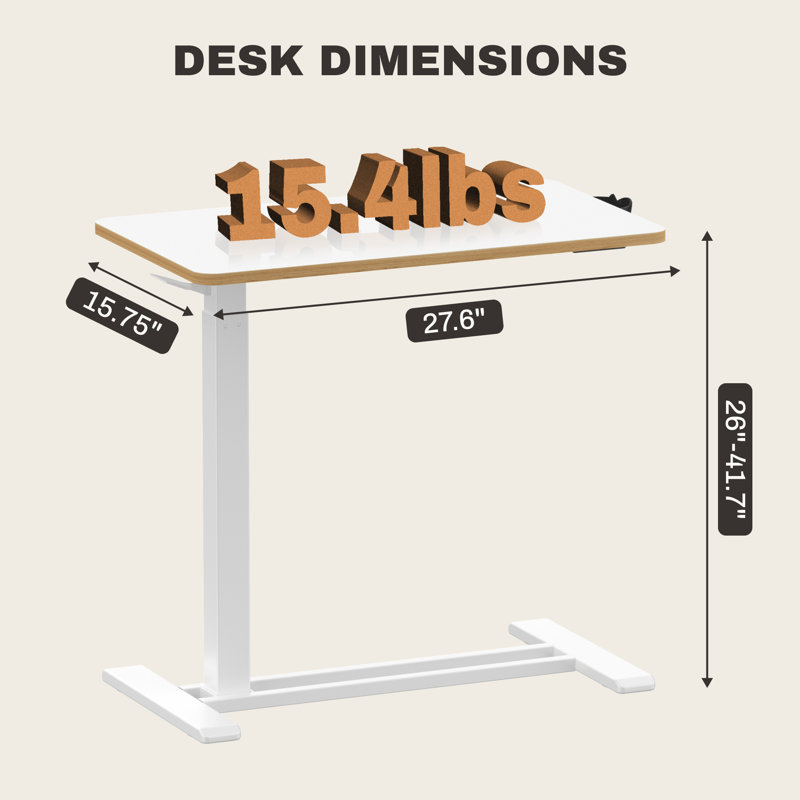 Table de lit réglable et mobile Kristee avec roulettes cachées, H 40,5 po x l 27,6 po x P 15,7 po, Blanc avec bordure érable