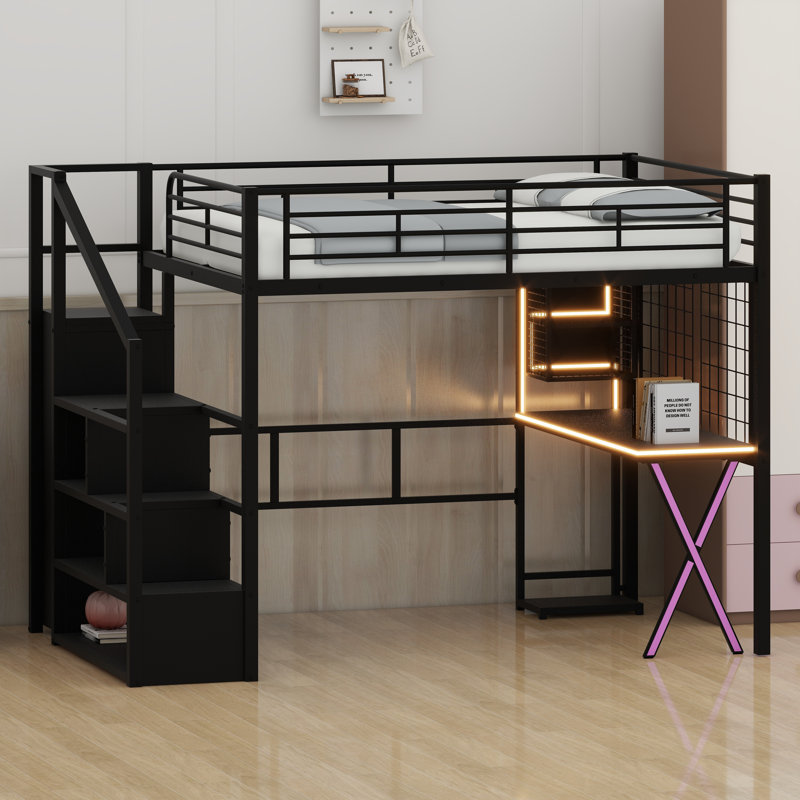 Cadre de lit mezzanine avec bureau intégré, armoire, rangement dans l'escalier et éclairage DEL