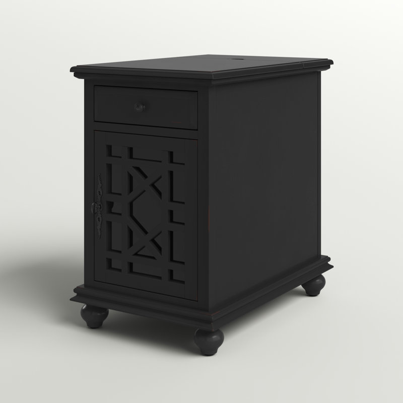 Ahmara End Table with Storage and Built-In Outlets, Antique Black Top / Antique Black Base