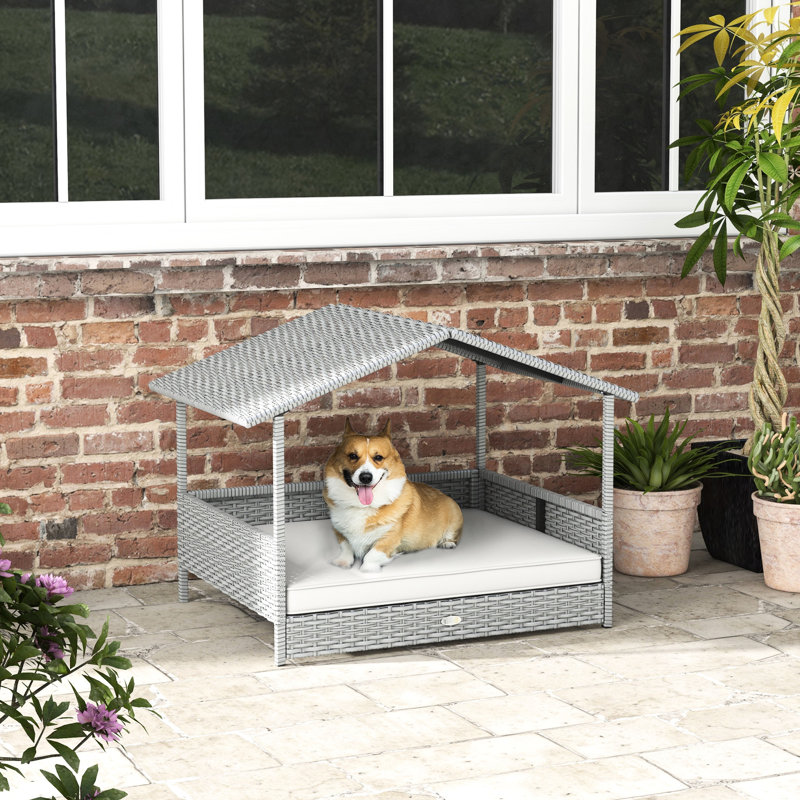 Niche pour chien pour l'extérieur avec abat-jour - lit blanc crème pour petits et moyens chiens, - Coussin, plateforme surélevée
