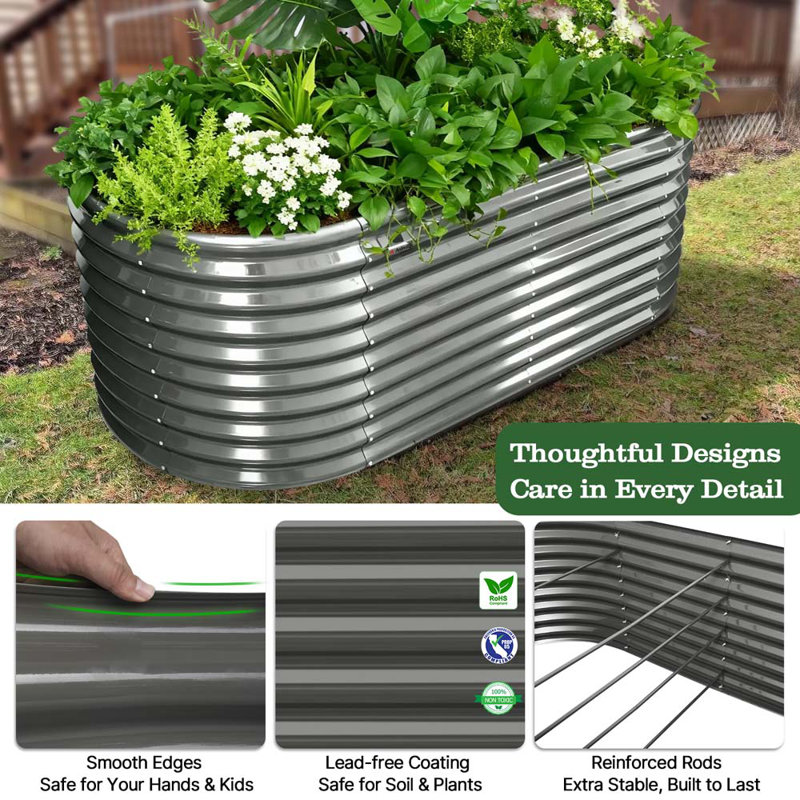 Gray Metal Oval Raised Garden Bed Planter Box For Planting Vegetables Flowers Herb (72 In. L X 36 In. W X 30 In. H), Gray