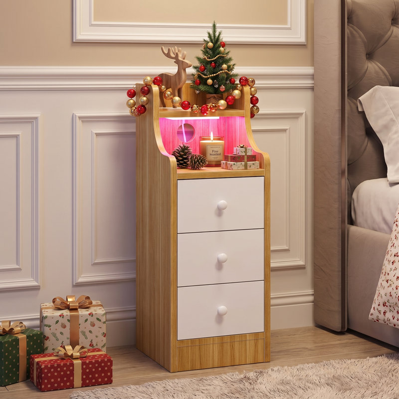 Narrow Bedside Cabinet with 3 Drawers & 2 Open Shelves, White-Brown Slim Nightstand with RGB LED Light & UK Charging Station 2AC/2USB, Wooden Corner Side Table for Bedroom Living Room Sofa Side, UK Plug