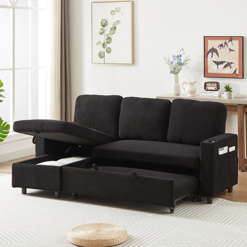Lit en velours côtelé réversible à usages multiples - 78,7 po en forme de L avec coulissant, mousse haute, 3 sièges, noir, structure en bois polyvalente et confortable