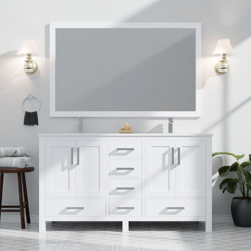 Meuble-lavabo double P 22 po, plateau en marbre de culture et miroir 28 po, Blanc, H 34,25 po x l 22 po x P 60 po