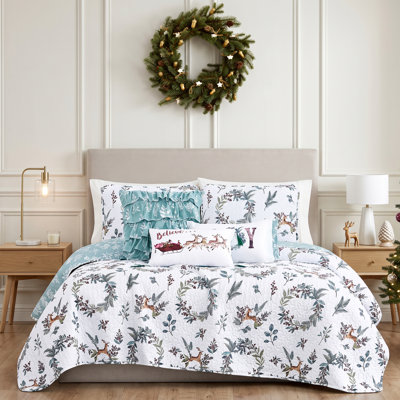Literie réversible Southshore Fine Linens « Joyeuses Fêtes », 5 pièces, en microfibre doublement brossée 100 g/m², avec coussins décoratifs, 1 place / 1 place XL