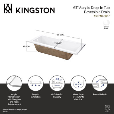 Kingston Brass Aqua Eden 67-Inch Acrylic Rectangular Drop-In Tub with Drain