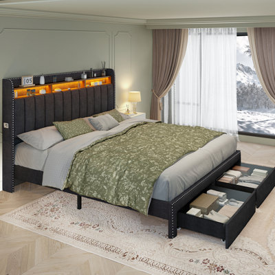 LED Bed Frame with 2 Drawers and Storage Headboard, Channel Tufted Platform Bedframe