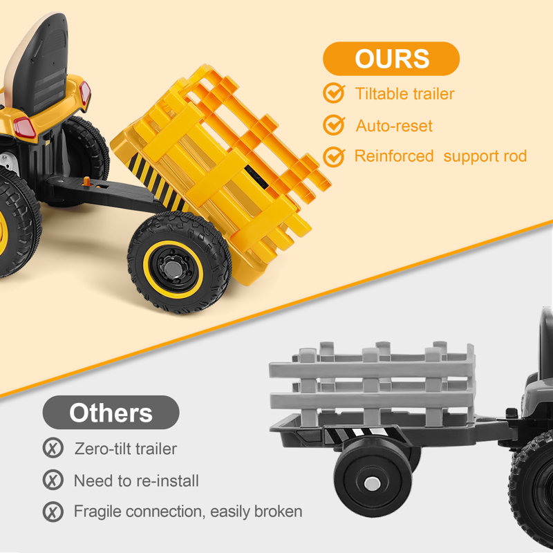 12V Yellow Ride-On Tractor with Detachable Trailer