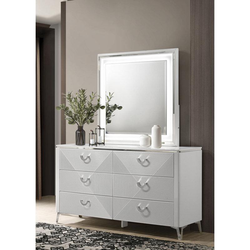 Commode contemporaine l 63,40 po avec miroir, blanc ultrabrillant