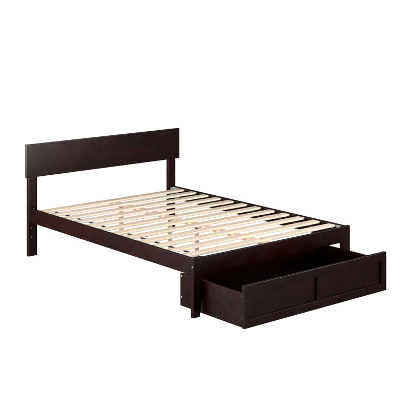 Lit plateforme avec rangement en bois massif Farrah, Double, Brun foncé