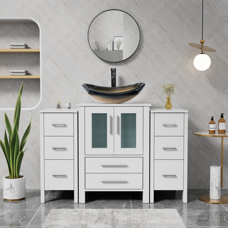 Meuble-lavabo simple 48 po avec lavabo vasque Sharee, comptoir en bois manufacturé, robinet et drain Sharee, Champagne, Blanc